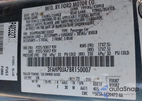 2011 Ford Fusion Sel z USA, uszkodzony, nr VIN 3FAHP0JA7BR150007